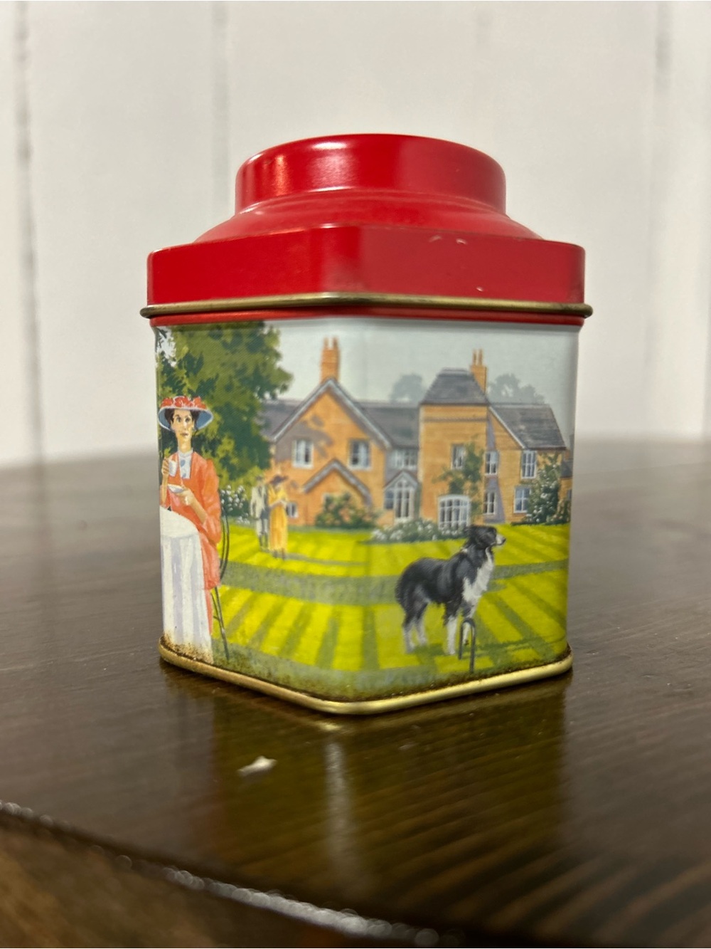 Vintage Decorative Twinings Tea Tin with Victorian Cottage Scene, Small Hexagon
